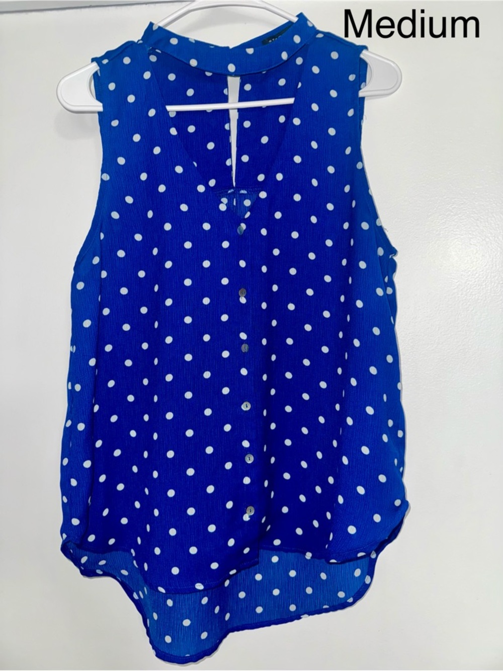 Royal Blue Polka Dot Sleeveless Button-Front Blouse